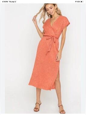 Lush Coral Wrap Midi Dress with Tie Waist NWOT